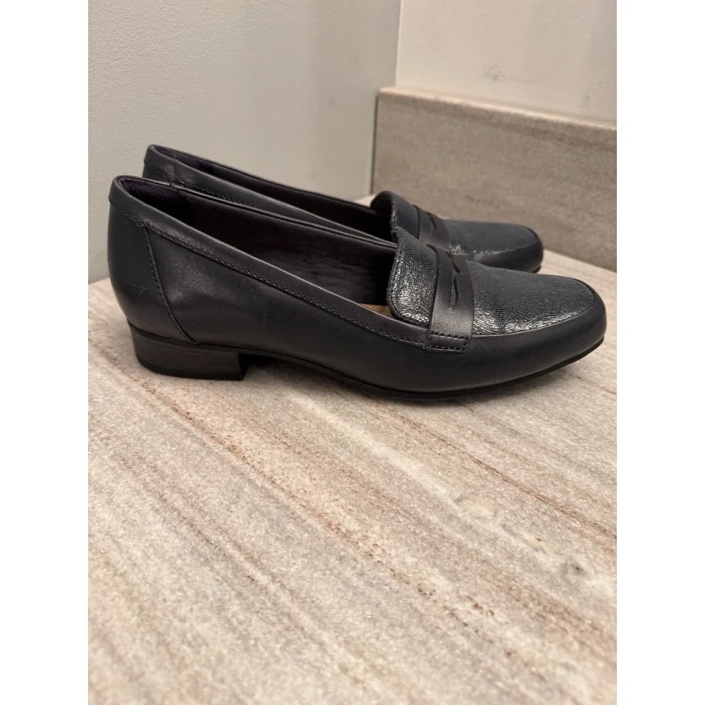 Clarks Juliet Coast Penny Loafers Leather Slip-Ons Luxe Flats‎ Textured Blue 8.5
